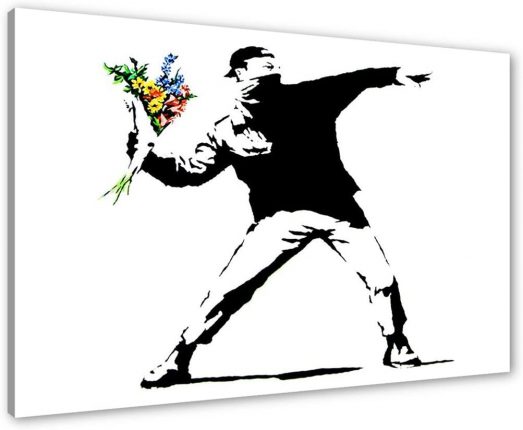 oeuvre de Banksy manifestant lancant des fleurs